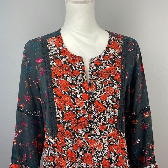 Caffe Marrakesh Orange and Dark Grey Multi Floral Tunic Blouse. Size Small - Picture 2 of 12